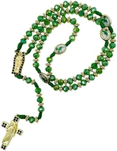 Saint Jude Rosary Necklace with Cross Pendant – Braided Cord with Green Crystal Beads, Religious Catholic Jewelry for Men & Women, Elegant Gift Accessory