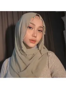New wave-edge beaded scarf solid color pearl chiffon Muslim hijab Malay headscarf Middle East Africa turban