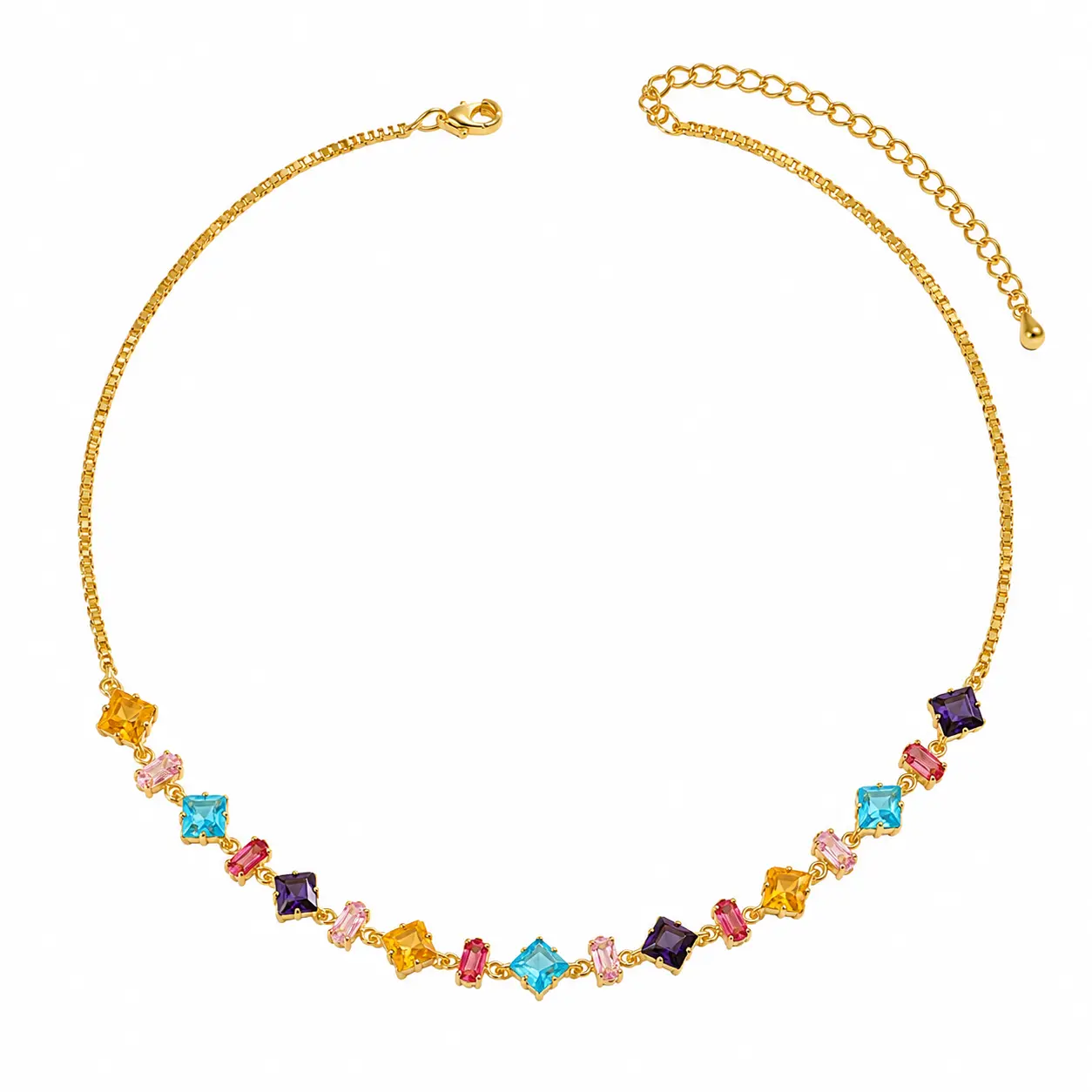 Women's Rainbow CZ Necklace, Colorful Gold Plated Adjustable Chain Necklace, Cute Daily Jewelry Gift for Her