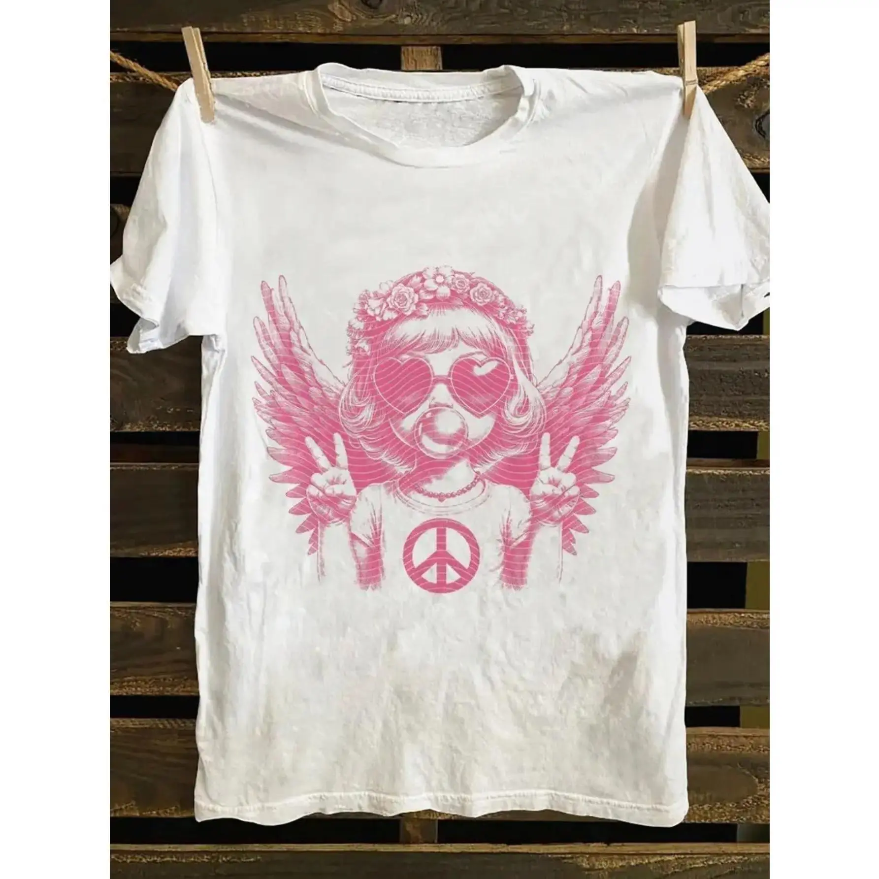 Men's Retro Hippie Peace Sign Angel Girl Graphic T-Shirt - 70s Boho Peace Love Oversized Cotton Top, Casual Fit Clothes, Vintage Streetwear Daily Wear Gift Tee, Distressed Angel Graphic Men's Short-Sleeve T-Shirts