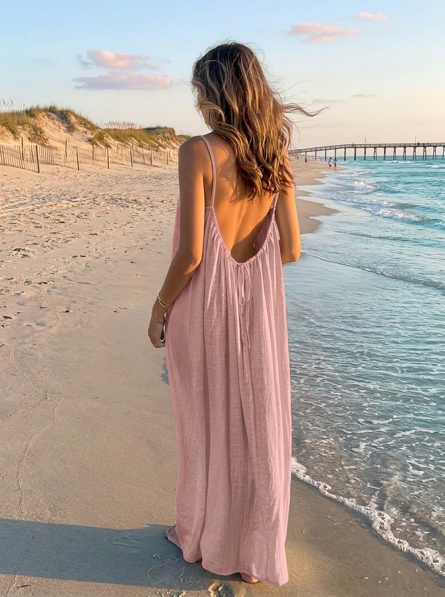 Women's Solid Color Cami Strap Loungewear Backless Dress, Lightweight Elegant Sleeveless Long Lounge Dress for Summer, New Arrival Soft Sleepwear for Indoor Wear | Loose-Fit Cozy Home Essential Comfortable for Home, Spaghetti Womenswear, Travel Breathabl