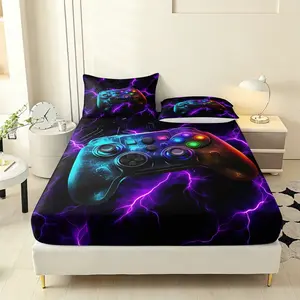 3pcs Lightning Game Machine Pattern Bedding Set, Includes 1 Fitted Sheet and 2 Pillowcases, Soft Polyester Fiber, Home Bedroom Use