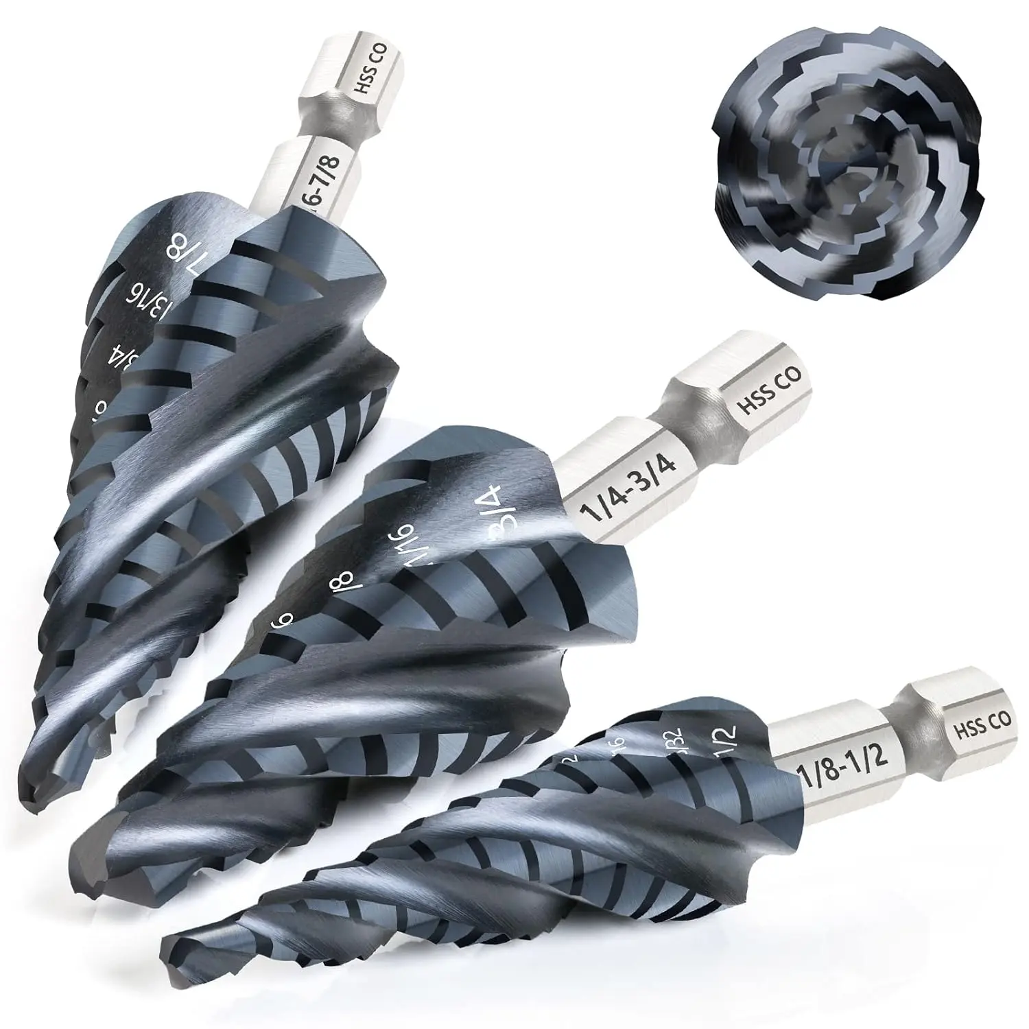 Unibit M35 Cobalt Step Drill Bit Set, Wear-Resistant TiAlN Coated, 1/8"-7/8" Unipack for Metal, Carbon Steel, Stainless Steel, Plastic (3Pcs)