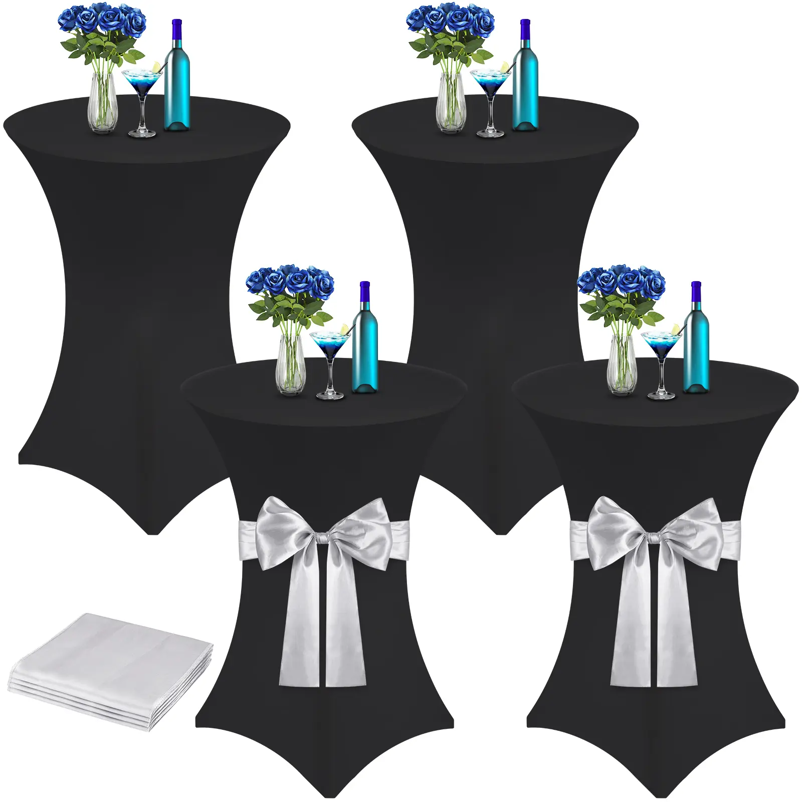 Black Spandex High-Top Cocktail Table Covers with Silver-White Satin Bow Sashes, 32"x43" Round Tablecloths, 4-piece black table cover with silver-white straps, Wineglass Centerpiece & Household Items Decor for Weddings, Bar Parties