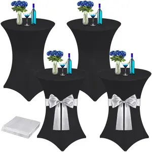 Black Spandex High-Top Cocktail Table Covers with Silver-White Satin Bow Sashes, 32"x43" Round Tablecloths, 4-piece black table cover with silver-white straps, Wineglass Centerpiece & Household Items Decor for Weddings, Bar Parties
