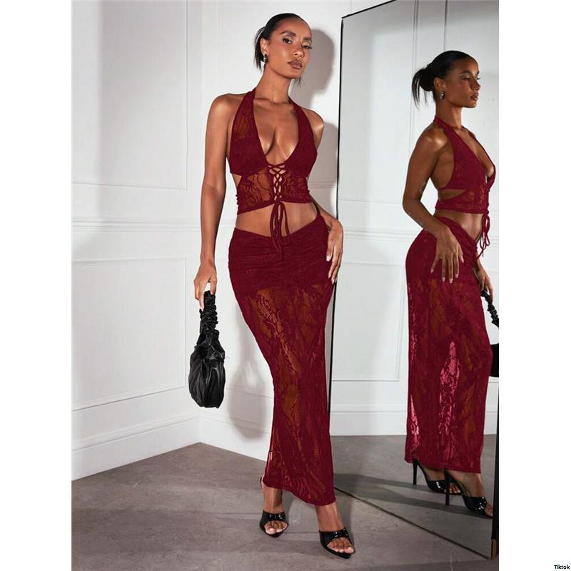 SexyWomenPartyAfternoonTeaOutfit ElegantLaceLongBeachDress tiktokBAEBlackSheerLaceHalterCriss - CrossBandageCorsetTop LowRiseLaceSkirt Music ConcertFestivalOutfit