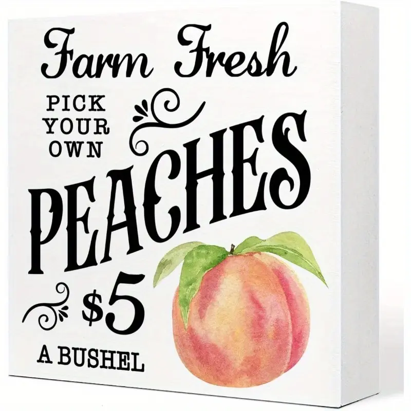 Farm Fresh Peaches Wooden Plaque Sign Desk Decor, Rustic Peach Wood Block Sign Desk Decorations for Summer Home Kitchen Farm Garden Shelf Table Decor 5x5 inch