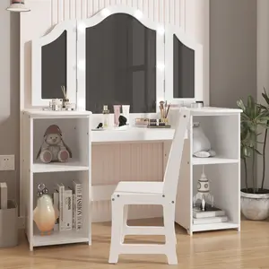 Kids Vanity Set with Touch Light Storage Cabinet, Detachable Tri-Folding Mirror & Chair, 2 in 1 Wooden Makeup Playset - Princess Dress Table, Girls Vanity Desk for Toddlers Makeup Vanity
