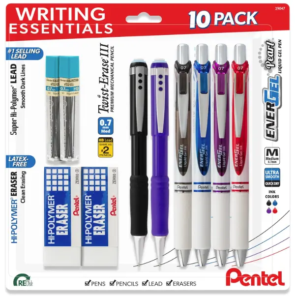 PENTEL Writing Essentials 10 Piece Pack - 4 Gel pens, 2 Twist Erase 0.7mm mechanical pencils, 2 Block Erasers, and 2 0.7mm lead Refills