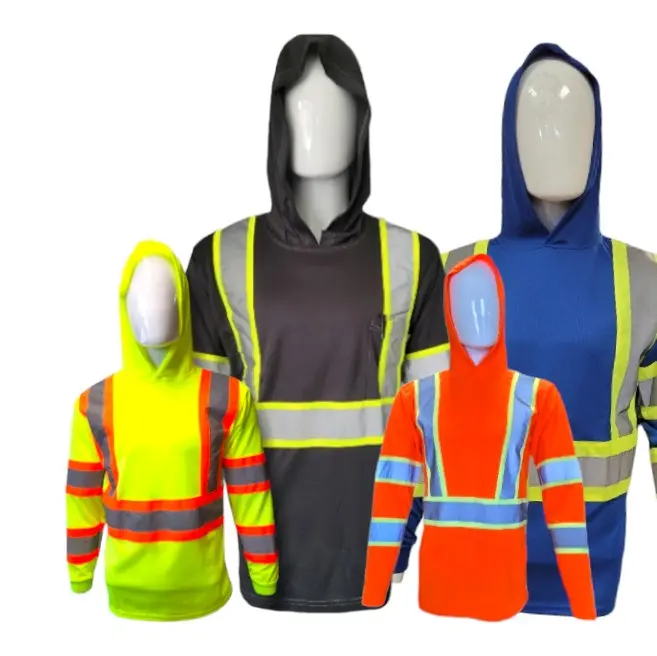 High Visibility Long-Sleeve Hooded Safety Shirt - 100% Polyester, Adjustable Reflective Straps, 360-Degree Visibility, Outdoor Work Safety Equipment