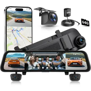 Rimoody 12" HD Touch Screen Mirror Dash Cam Backup Camera, 4 Channel 1080P Dash Cam Front and Rear Support APP WiFi Loop Recording GPS Night Vision G-Sensor Parking Monitor Reversing Assistance+ 64G SD Card