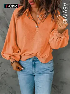 Women's Button Front Lantern Sleeve Sweatshirt, Casual Chic Loose Basic Plain Long Sleeve Collared Pullover, Ladies' Clothes for Fall & Winter, National Day Clothing, Womenswear
