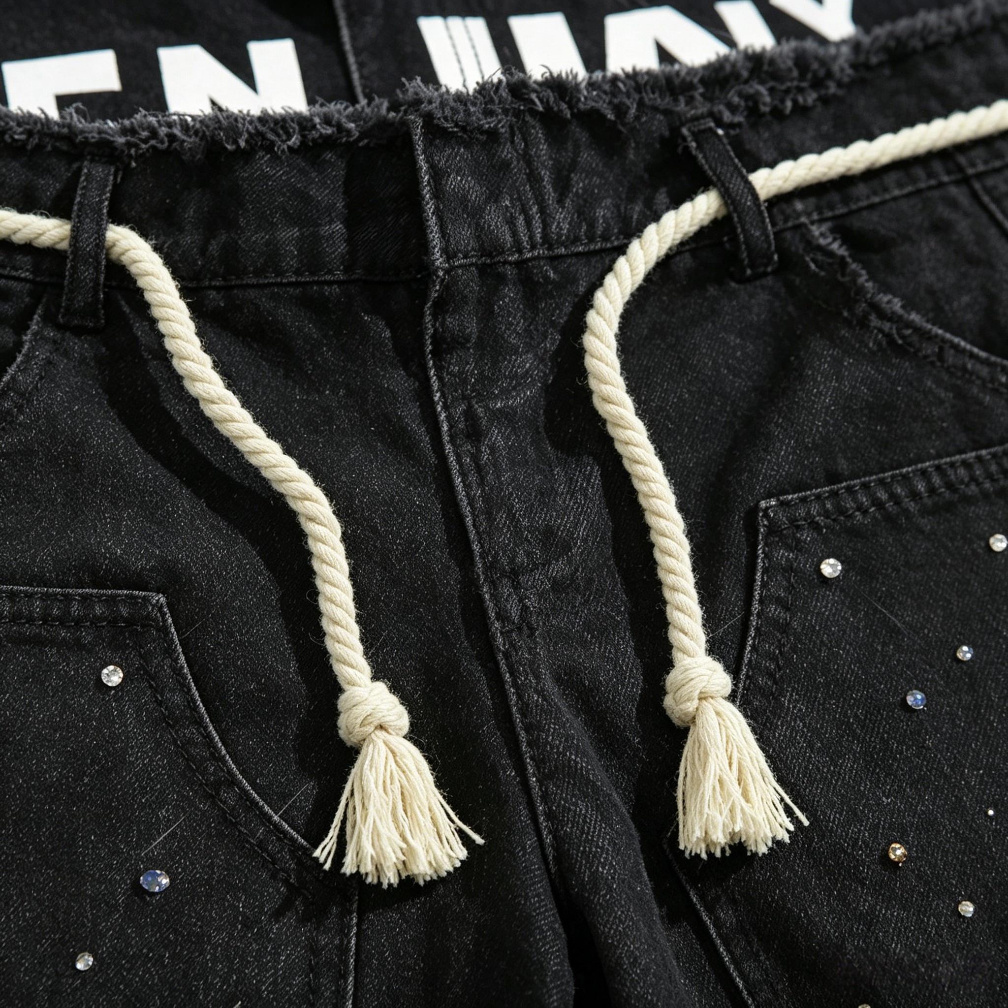 Men's Sparkling Rhinestone Casual Streetwear Shorts - Mid Waist, Loose Cut Lets You Move With Ease, Layered Denim Adds Depth and Texture, Stylish Cotton Blend Double-Layer Menswear Bottoms