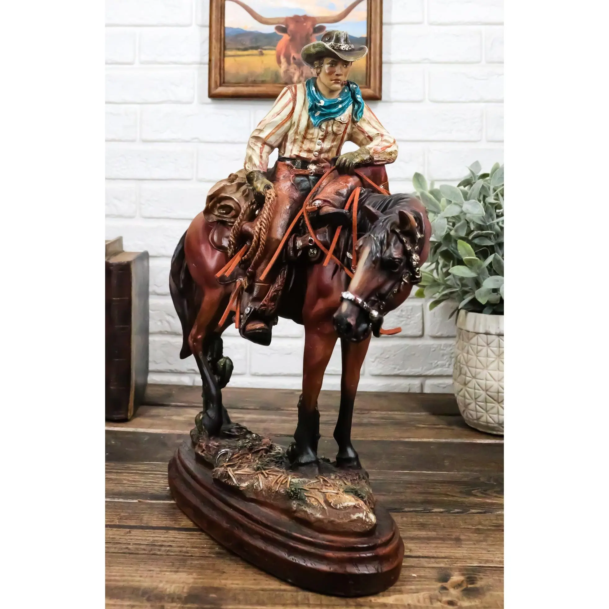 Artistic Handmade Resin Western Desert Cowboy With Hat On Saddleback Brown Stallion Horse By Cactus Figurine - Dramatic Work of Sculptural Art, Home Decor Statue for Western Enthusiasts