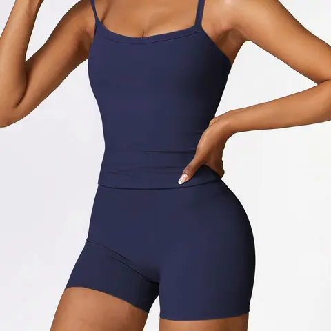Yoga Fitness Outdoor Spring Summer Casual Sports Exercise Clothing Tank Top Shorts Set, Sleeveless High Waist Slim-Fitting Backless Design, High Stretch Activewear, Sportswear Set