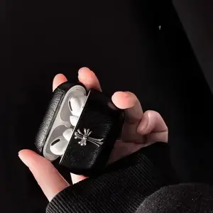 Vintage Cyber Y2K Gothic Cross Case for AirPods Pro 2 1, Luxury Black Faux Leather Cover, Chrome Hearts Style Punk Hip Hop Aesthetic, Durable Anti-Drop Earbud Sleeve, Dark Academia Streetwear Tech Accessory, Niche Personalized Couple Gift