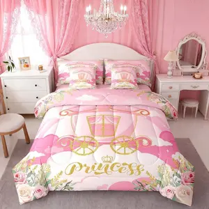 Feelyou 7-Piece Girls' Princess Carriage Bedding Set - Microfiber Breathable Fabric, Multi-Size Bed-in-a-Bag with Comforter, Flat Sheet, Fitted Sheet, Pillowcases, Pink Fairy Tale Garden Room Decor, Microfiber Cloth, Multi-Size Beds