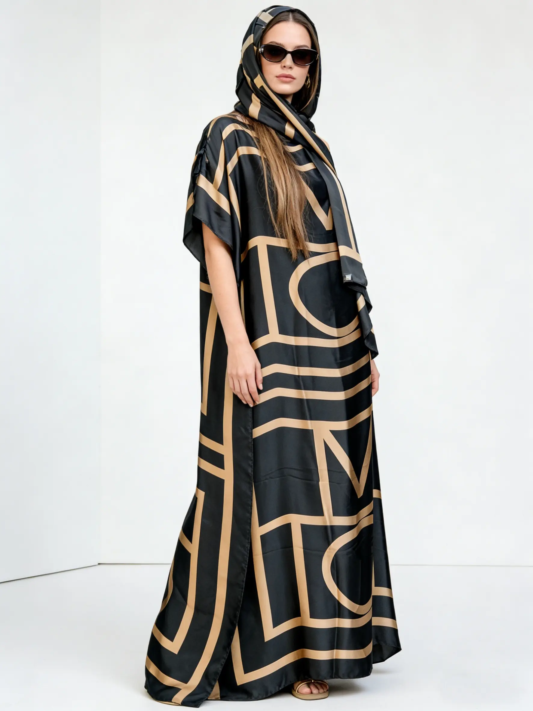 Modern Geometric Pattern Robe Set, Gold Satin Robe with Matching Scarf, Boho Style Loose-Fitting Evening Cocktail Party Robe