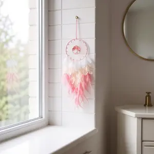 Life Tree Dream Catcher Bell Ornament, Creative Home Decor for Bedroom Window, Stone and Feather Combination, Dreamy and Healing Experience