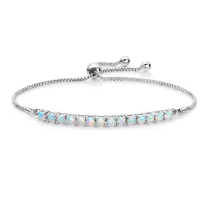 MDFUN Women's Round Lab-Created Opal & Cubic Zirconia Adjustable Bracelet Brass Jewelry 6.7–8.5 Inch Elegant Gift for Daily Wear