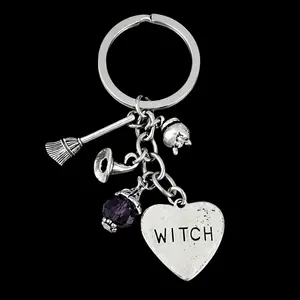 Silver Witch Heart Keychain with Broomstick, Cauldron And Hat Charms