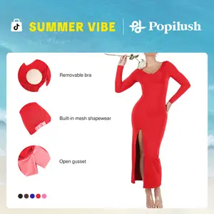 Popilush The Shapewear Dress Long Sleeve V-neck Split Maxi Dresses Casual Womenswear Cotton Fit Fabric Elastic