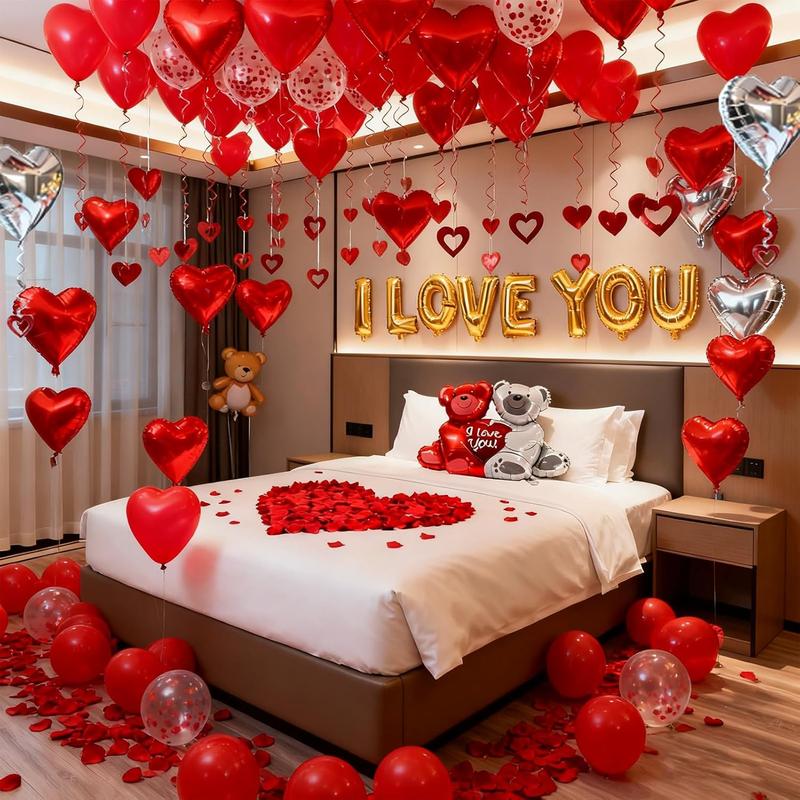 54pcs I Love You Heart Balloons Valentines Decoration with 50 Hanging 1000 Silk Rose Petal Bear Heart Shaped Silver Red Balloons for Romantic Night Wedding Anniversary Decor Valentine Day Decorations