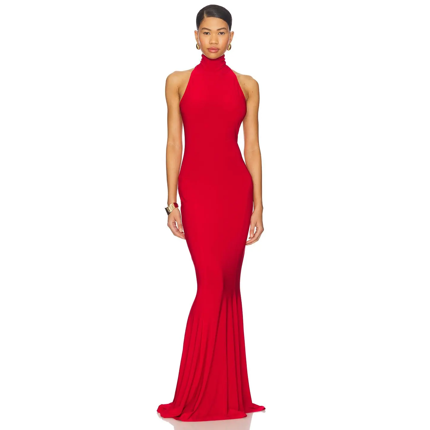 Norma Kamali x REVOLVE Halter Turtle Fishtail Gown in Tiger Red