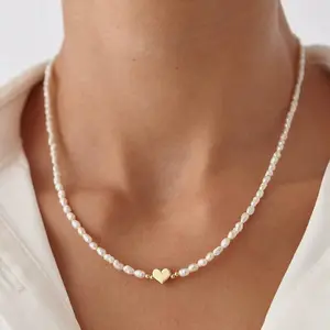 SageVell  Dainty Pearl Heart Necklace for Women, Gold Heart Charm Beaded Chain, Elegant Minimalist Jewelry Gift for Everyday Wear