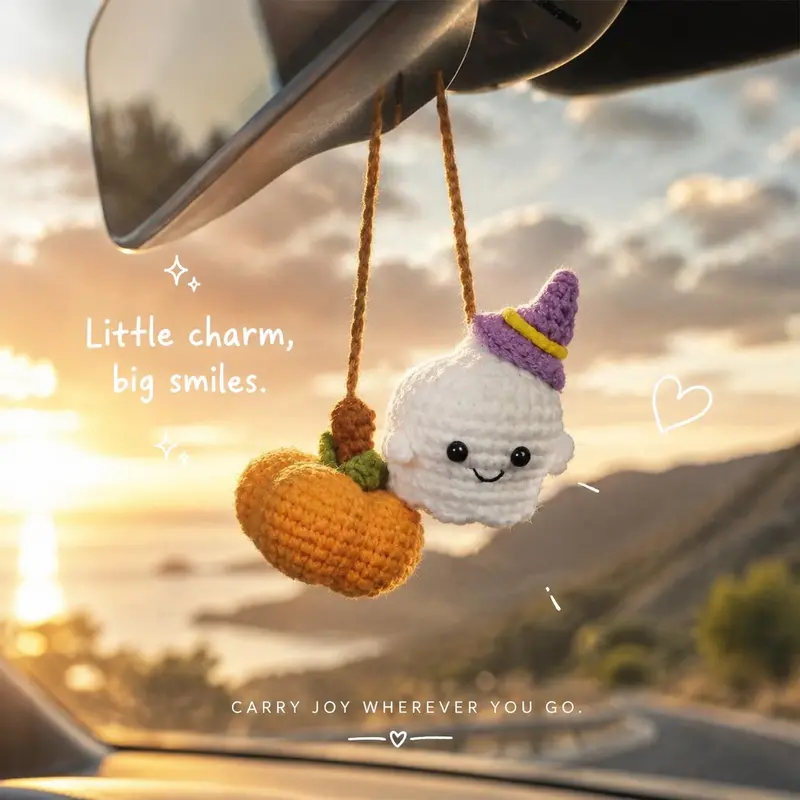Handmade Ghost-Pumpkin Combo Crochet Car Trinket - Cute Multi-Color Car Accessories, Rear View Mirror Hanging Amigurumi, Customizable Fall Halloween Ornament, Crochet Pumpkin Charm