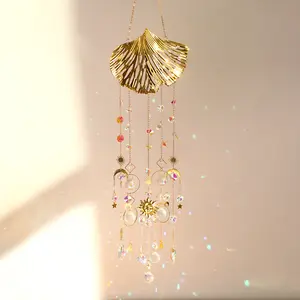 Crystal Sun Catcher, Ginkgo Leaf Crystal Suncatcher Hanging Pendant, Handmade Rainbow Maker Indoor Outdoor Decor for Window Bedroom Courtyard Garden, Bless Gift