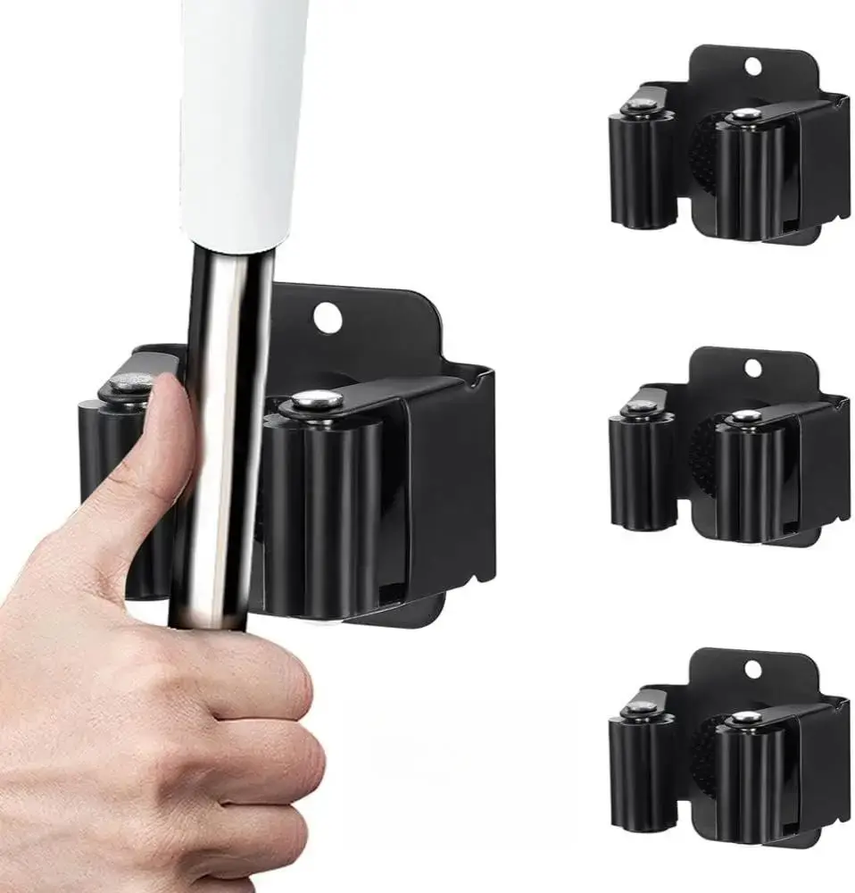 3PCS Broom and Mop Holder Heavy Duty Stainless Steel Organizer Rack Matte Black Wall Mounted Tool Storage with Screws for Gardening & Hardware Tools