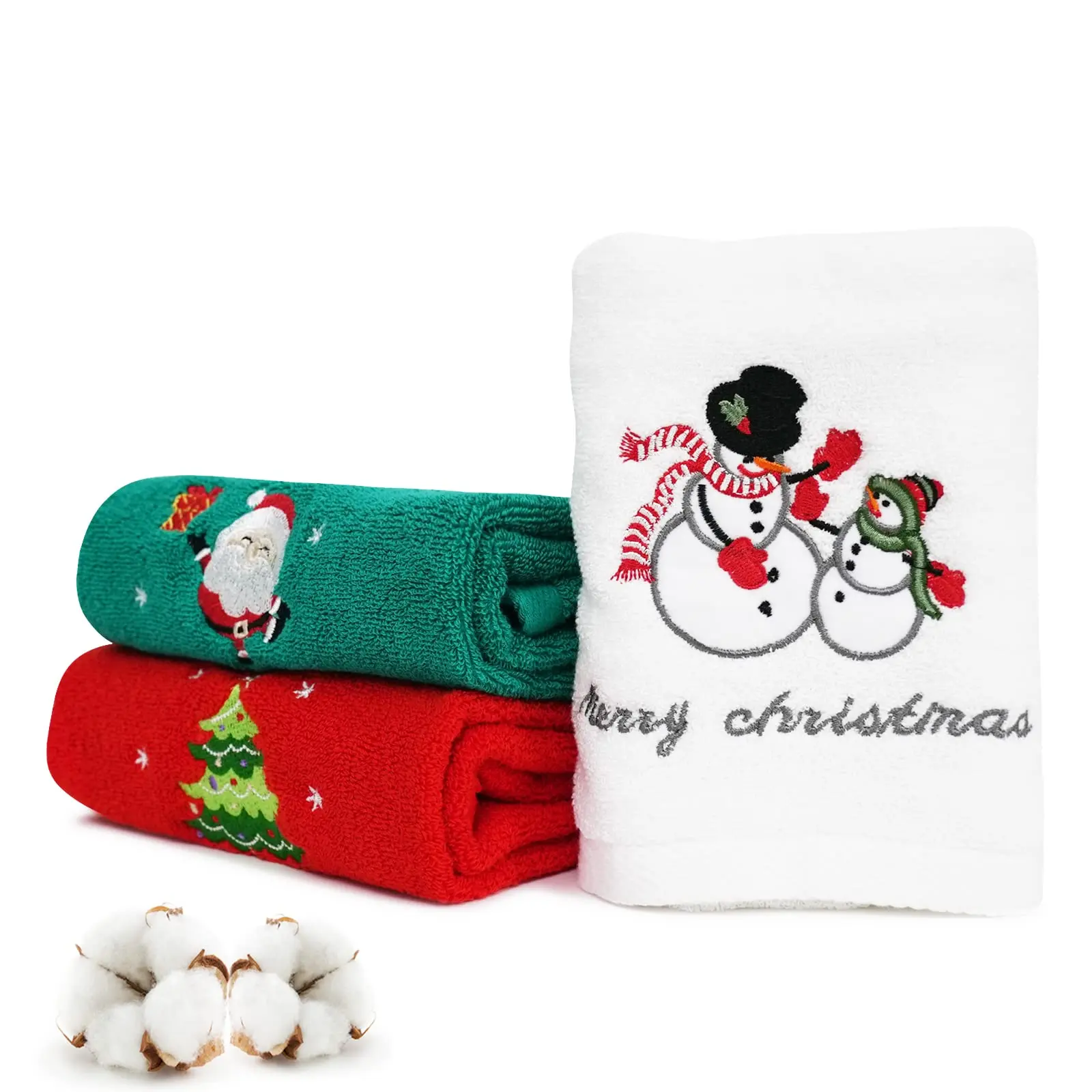 Christmas Hand Towels 3 Pack, Cotton Dish Washcloth for Kitchen, Soft & Embroidered Bath Towel for Bathroom Super Absorbent, Cute Holiday Decoration Set for Home