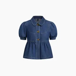 Cider [3 colors, size 0-26] Denim Peter Pan Collar Ruched Puff Sleeve Blouse