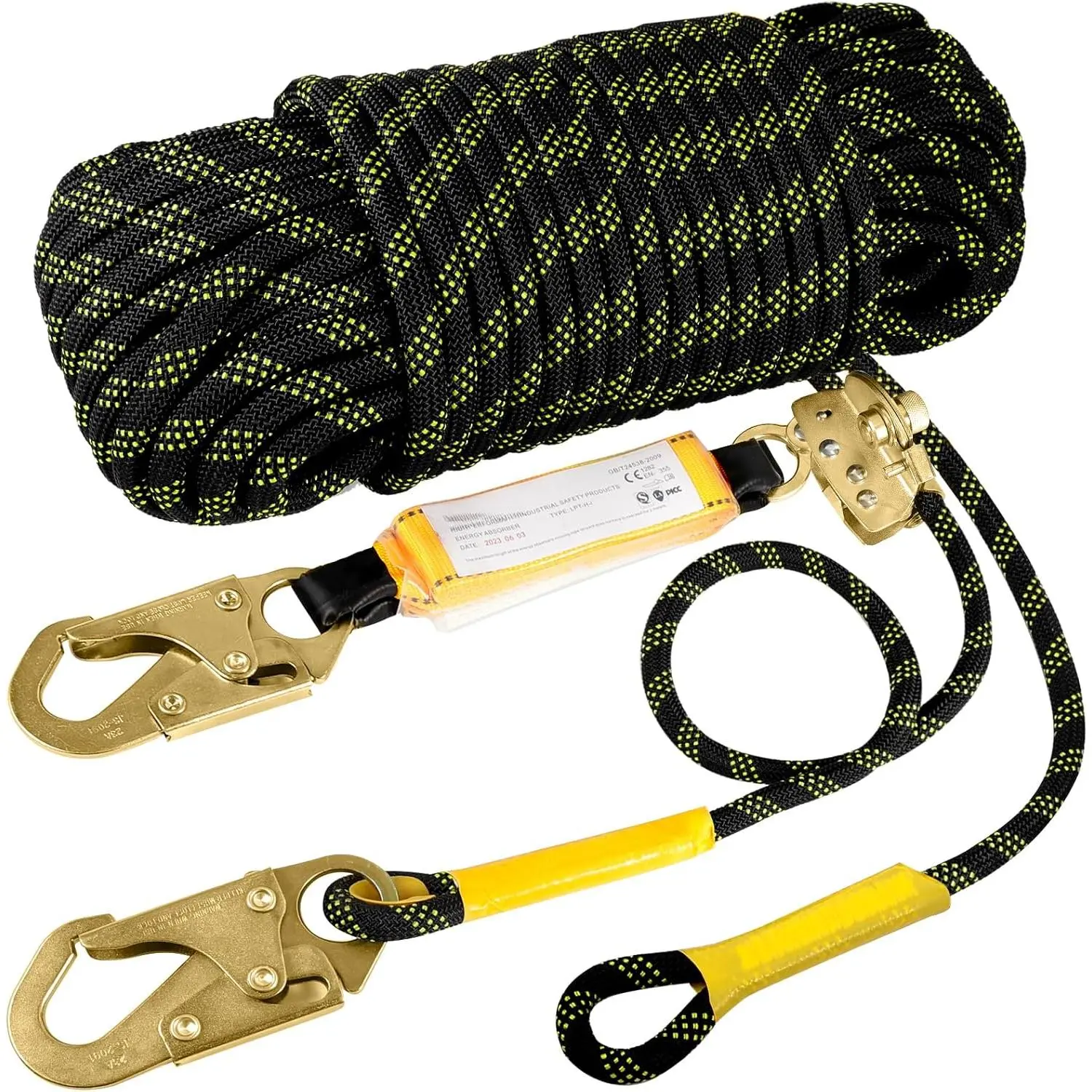 Rope Harness Safety Lanyard:50ft Vertical Roofing Rope with Grab Snap Hooks Shock Absorber - Fall Protection Tree Climbing Line Kit Heavy Duty Roof Safety Equipment ANSI CE