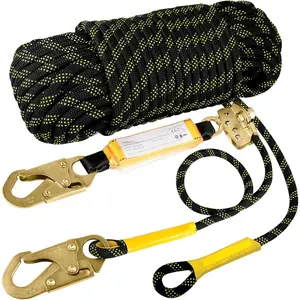 Rope Harness Safety Lanyard:50ft Vertical Roofing Rope with Grab Snap Hooks Shock Absorber - Fall Protection Tree Climbing Line Kit Heavy Duty Roof Safety Equipment ANSI CE