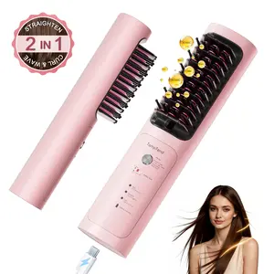 Cordless Hair Straightener Brush, Portable Straightener with Ionic Shine, Fast Heat Straightening Brush for Travel, Safe Easy Styling, Gift for Women, 8000mAh, Pink