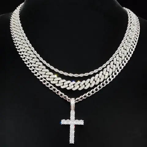 Street Style Artificial Zircon Inlaid Iced Out Cross Pendant & Cuban Link Design Chain Necklace, Costume Jewelry Necklace, Fashion Jewelry for Party, Daily Clothing Decor, Trendy All-match & Exquisite Jewelry for Birthday Gift, Zircon Stones Necklace