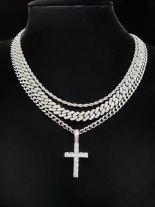 street style artificial zircon inlaid cross necklaces & cuban chain sparkling cz necklace, fashion jewelry for party, daily clothing decor, trendy all-match & exquisite jewelry for birthday gift, zirconia cross pendant statement necklace for men