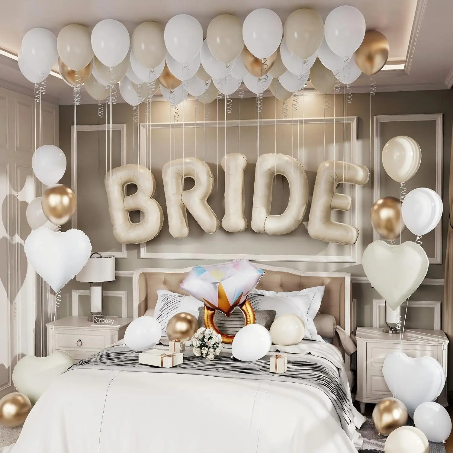 Bride Balloons- Bachelorette Party Decorations, 53Pcs Sand White Metallic Gold Balloons With Ring Heart Bride Letter Balloons For Bridal Shower Wedding Engagement Party Decorations