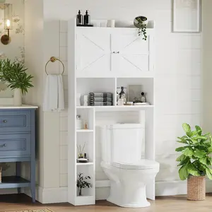 Over-The-Toilet Storage Cabinet with Double Doors & Adjustable Shelf, Freestanding Bathroom Space Saver Organizer with Open Shelves for Toiletries Towels