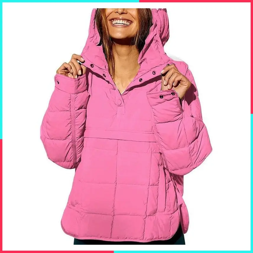 Women's Oversized Puffer Jacket - Lightweight Quilted Hooded Coat - Warm Winter Pullover with Padded Hood Casual Pockets Adjustable