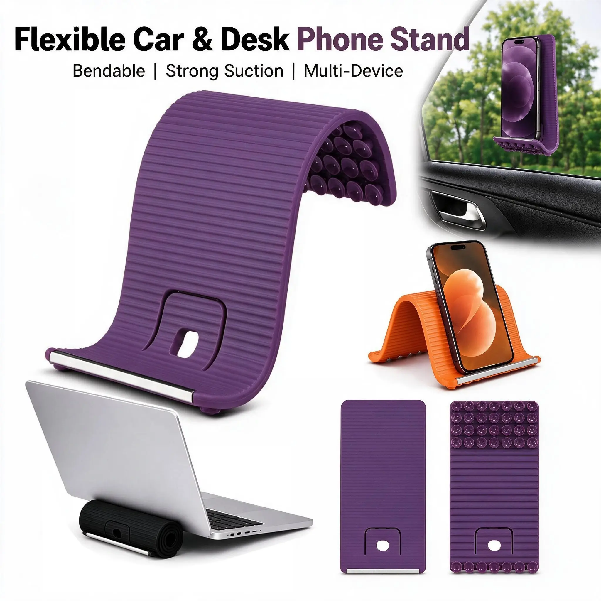 Upgraded Strong Suction Phone Stand, 35 Suction Cups Flexible Silicone Holder, Bendable Rollable Foldable Design, Anti-Slip Multi-Device Mount for Phone Tablet Laptop, Portable Desk & Car Stand-YY