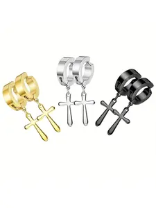 1 Pairs of Clip-On Earrings Without Ear Holes, Featuring Stainless Steel Cross Pendants. These Stylish And Unique Punk-Inspired Additions Are Suitable for Both Men And Women, Without Battery
