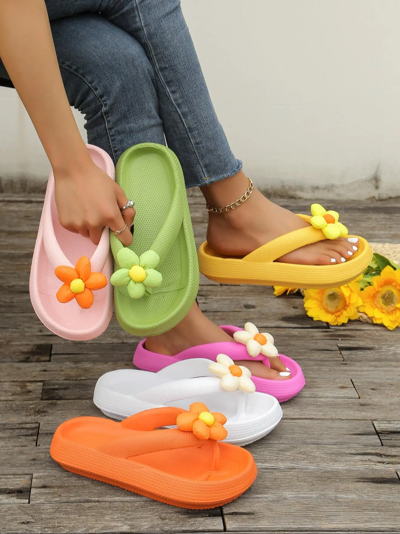 Women's Cute Flower Decorated Slides, Casual Comfortable Home Slippers, Non-slip Slippers for Indoor & Outdoor Wear, Flipflop