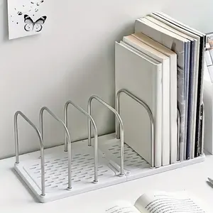 Stainless Steel + PP Desktop Bookshelf, Anti-Slip Base, Adjustable Vertical Divider, Modern Office Organizer, Student Dorm Storage Rack