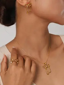 Ladies' Gold Jewelry Set Simple and Cute Accessory Set Stainless Steel 18k Gold-Plated Gold Steel Color Line Sense Bow Elegant Style Jewelry Essential Jewelry Set for Autumn Dressing and Matching