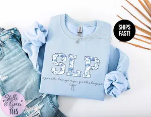 SLP Sweatshirt T-shirt, Speech-Language Pathologist shirt, Boho Floral SLP Pullover, Cute SLP Gift, Blue Toile Speech Therapist Crewneck