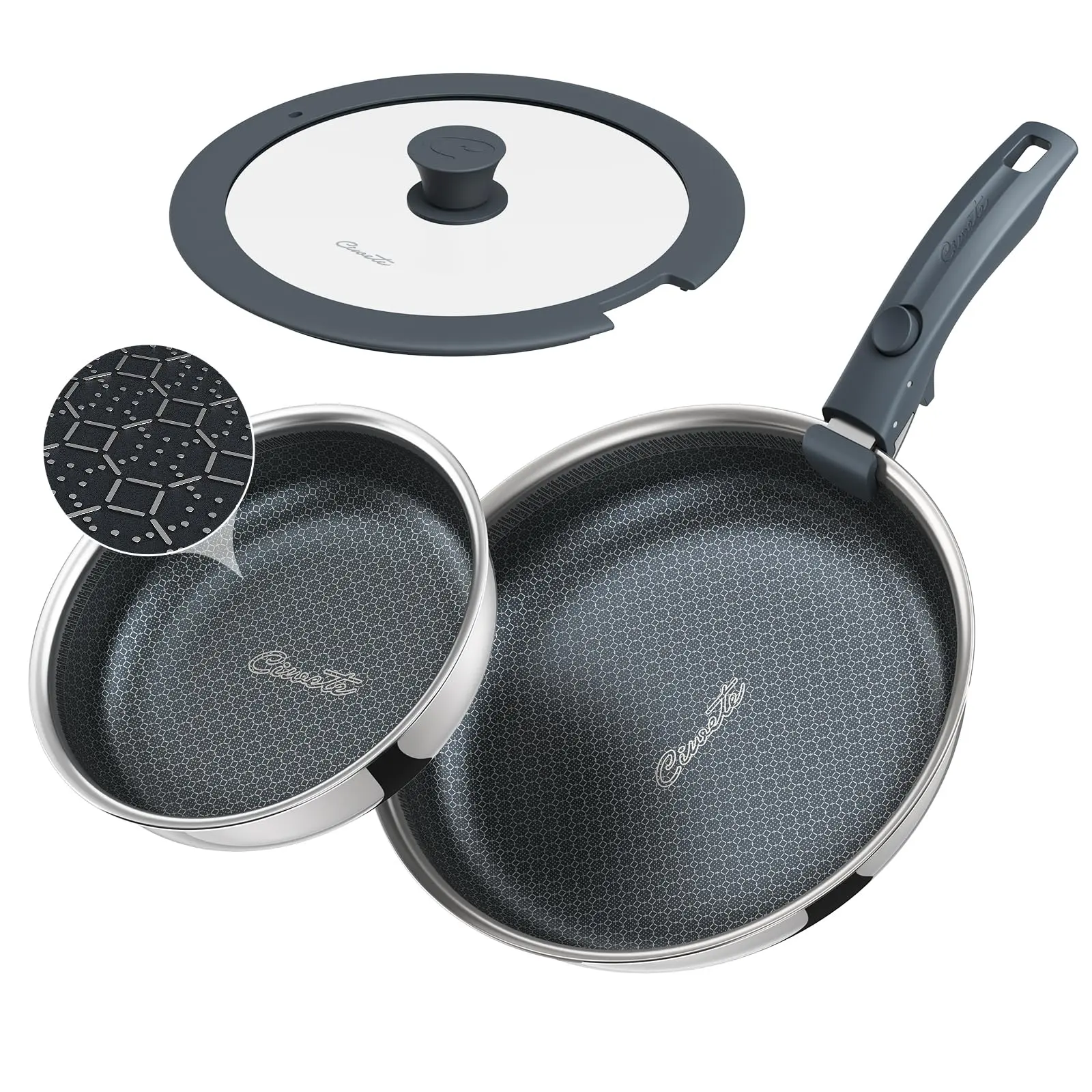 Ciwete Hybrid Non Stick Frying Pans Set 4-Piece, 8 & 9.5 Inch Tri-Ply Stainless Steel Pans with Lid and Detachable Handle, PFOA Free Skillets for All Cooktops, Dishwasher & Oven-Safe Cookware Set