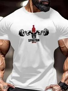 Men's Regular Fit Spartan Print Round Neck Tee, Casual Short Sleeve Crew Neck T-Shirt for Summer, Fashion Men's Top for Gym Workout Running Athletic Style Activewear